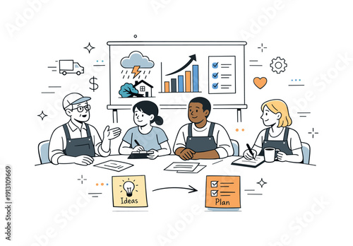 Storm Recovery Planning. Severe weather and its impact on local economies. Local business owners discussing recovery plans after a storm with simple charts and