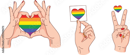 Two hands making a heart shape around a rainbow colored heart representing LGBTQ pride love equality and human rights awareness