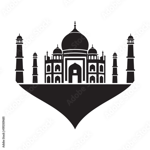 A stylized black and white illustration of the taj mahal with a unique geometric base high quality