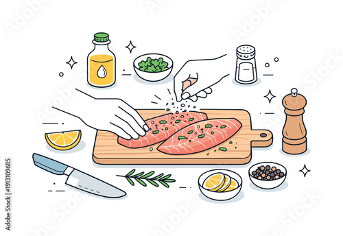 Seafood preparation process. Hands seasoning fish fillets with salt and herbs, simple kitchen tools placed around in order. Mindful cooking,