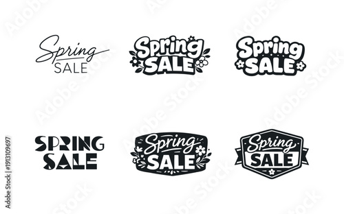    Spring sale badge. Set lettering. harmonious lettering variations of the same emblematic concept, each with different artistic interpretation