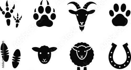Black vector icon set featuring animal paw prints sheep and goat heads and a horseshoe for farm life livestock agriculture nature and veterinary branding,