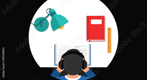 Student wearing headphones studying at a desk with a book, lamp, and ruler, representing education and learning.