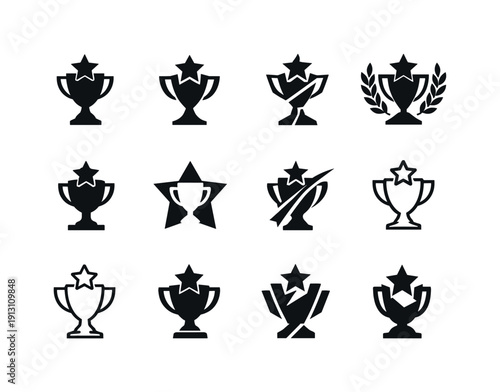    Employee motivation and incentive programs. Icon set. Set Logo of employee motivation and incentive programs: trophy and star symbol.