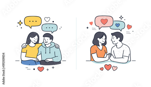 Friendship versus romantic relationships. Two parallel scenes comparing friendly support and romantic connection, calm emotional balance and
