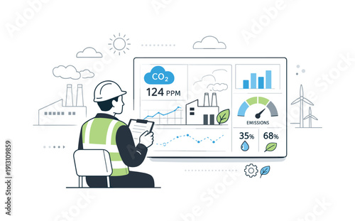 Low-carbon industries. Worker monitoring emissions data on a digital dashboard inside a clean industrial space. Quiet moment of control,