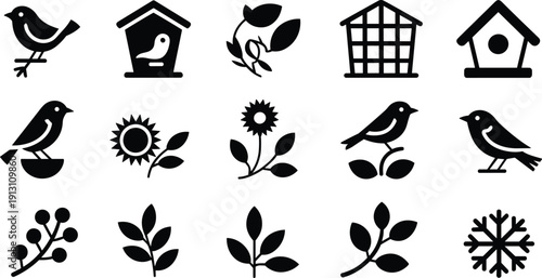 Black vector icon set featuring birdhouses songbirds garden flowers berries and winter snowflake symbols for backyard nature bird watching conservation and wildlife branding,