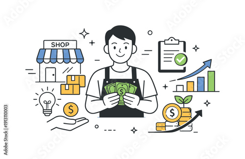 Small business microloans. An entrepreneur receiving financial support, small shop icons and growth symbols nearby. Positive