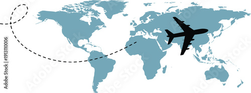 Airplane flying over world map with dotted flight path, global air travel concept, international aviation routes, tourism transportation network, worldwide business logistics illustration