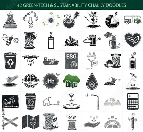 40 Green Tech & Sustainability Icons - Hand Drawn Chalky Charcoal ESG Vector Bundle