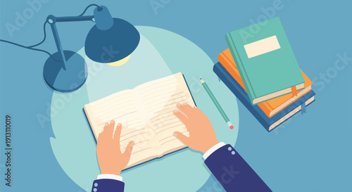 Top-down illustration of hands reading an open book under a desk lamp, surrounded by a stack of books and a pencil, symbolizing focused study, learning, and education.