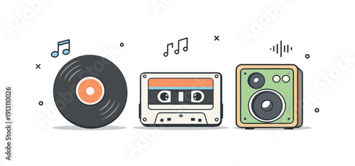 Timeless Sound Aesthetics. Neutral retro audio collection. Vinyl record, cassette, and small speaker placed symmetrically with soft textures and clean edges.