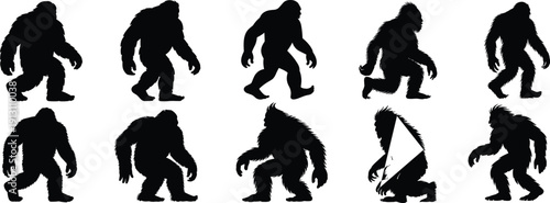 Black vector silhouette set of Bigfoot or Sasquatch featuring various walking and standing poses for mystery nature research forest legend branding and cryptid exploratio