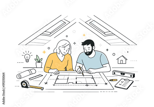 Attic Renovation Planning. Renovating the attic into a usable space. Homeowners reviewing renovation plans in a bright attic with sloped ceilings and