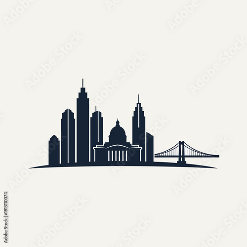 Cityscape Silhouette with Bridge and Dome Building.