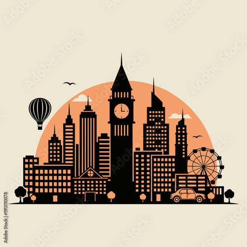 Cityscape Silhouette with Big Ben and Ferris Wheel.