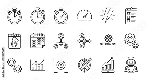 Set of 15 business and productivity line icons for time management, analytics, and optimization processes