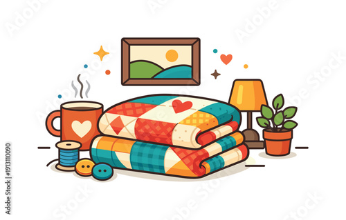 Patchwork quilt making and design a warm home setting with a finished quilt folded neatly, expressing comfort, heritage and the emotional