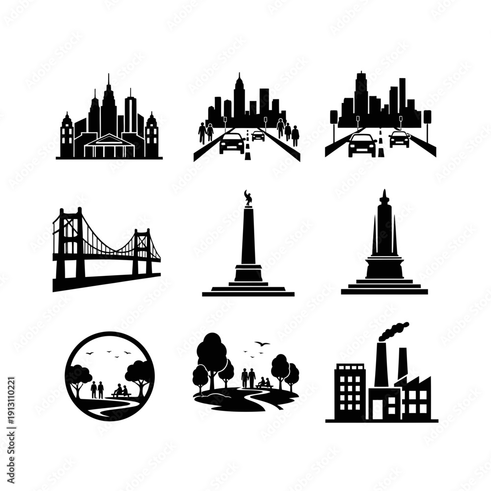 Fototapeta premium Collection of Cityscape and Landmark Silhouettes.