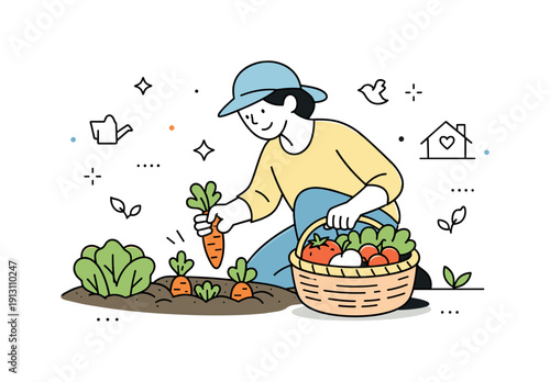 Harvesting vegetables. Person collecting fresh produce from a small garden bed, calm satisfaction and simple joy. Editorial representation of