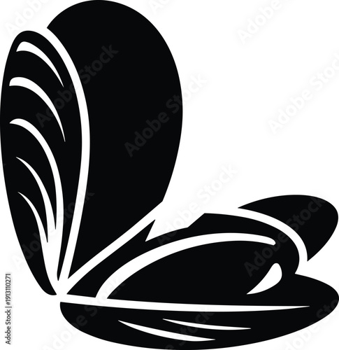 Black mussel shell silhouette icon isolated on white background, fresh seafood marine mollusk illustration, minimalist flat design for restaurant menu and food branding