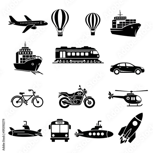 Collection of diverse transportation vehicles and modes of travel 1.
