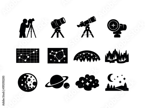    Astro Photography. Solid icon set of Astro Photography: photographer silhouette, camera pointed skyward, telescope on mount, polar alignment