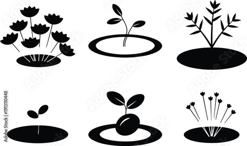 Black vector silhouette set of garden flower beds seedlings and young growing plants for agricultural development nature conservation botanical research and home gardening branding