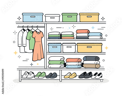 Organized wardrobe solution. A closet with matching custom-fit bins, folded clothes and shoes arranged in harmony. Balanced, stress-free mood