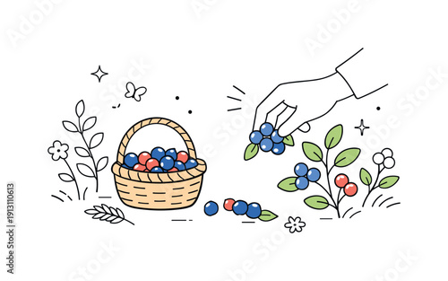Seasonal harvest scene. A small basket partially filled with berries resting on the ground, with a hand reaching for more. The mood