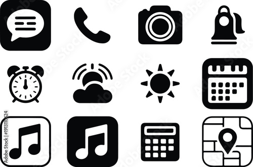 Premium App Icons – Clean Mobile UI Vector Pack Modern App Icon Set – Black Silhouette Vector