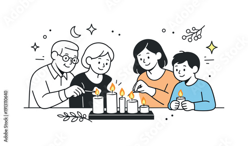 Lighting candles for a family holiday tradition. Family members gathered around a table, gently lighting candles together and sharing a