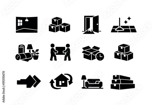    New Home Transition. Solid icon set of New Home Transition: empty room scene, boxes waiting, doorway light, clean floor, wall edges, packed