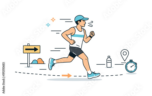 Race training run. A runner moving steadily along a marked route, focused on pacing and breathing. Motion lines and minimal road elements