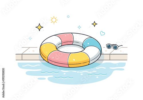    Minimal inflatable ring composition. Stylized swim ring with smooth contours and simple color accents. Calm poolside feeling, modern summer