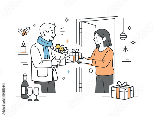 Gifts for holiday hosts and hostesses. Person arriving with a small wrapped gift and flowers, warm and polite moment at the door. Friendly