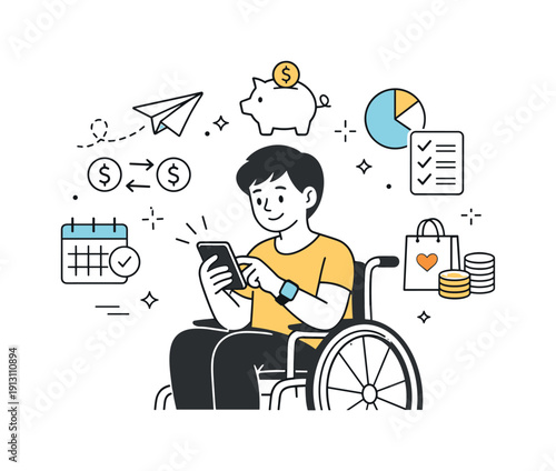 Accessible banking tools. Person using mobile app features like transfers and budgeting, simple icons floating around the phone. Feeling of