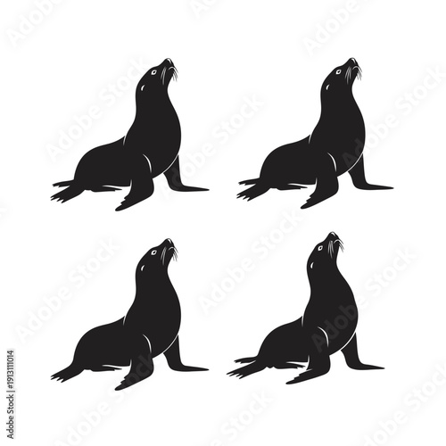 Four Black Silhouettes of Seals Sitting Upright.