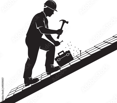 Working on a Rooftop: A construction worker, silhouetted against a plain background, skillfully climbs up a rooftop while hammering nails and carrying essential tools. Emphasizing precision.