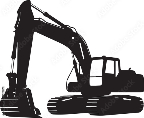 Industrial Silhouette: A detailed silhouette of an excavator, highlighting the powerful presence of heavy machinery, ready for construction tasks.