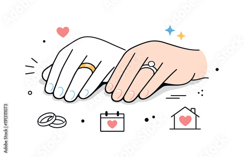 Wedding rings and close-up shots of hands. Hands resting together side by side, rings clearly visible, conveying stability and lifelong