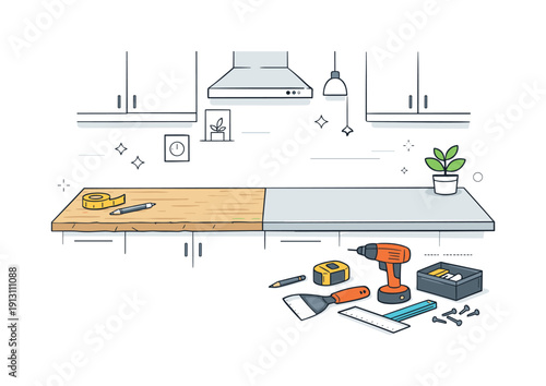 Replacing old kitchen countertops. Clean kitchen interior with half-installed new countertop, tools neatly arranged on the side. Quiet moment