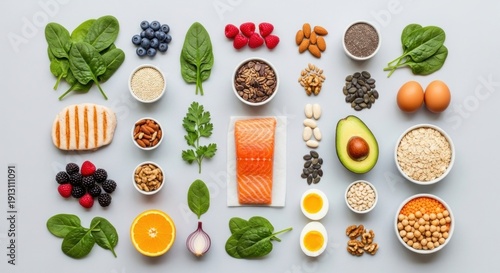 Overhead shot of various colorful healthy foods, arranged on a pale gray surface