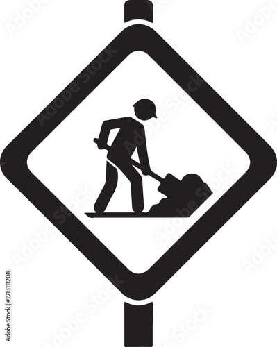 Construction Ahead: A minimalist symbol showing road work is ahead. Featuring a worker diligently laboring. Emphasizing the necessary tasks undertaken.