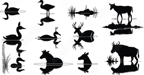 Black vector silhouette set of marine animals including whales dolphins hammerhead shark sea turtle and penguin for ocean conservation nature education and aquatic branding,