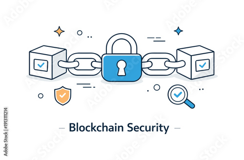 Blockchain security. Digital lock integrated into a chain of blocks, smooth and trustworthy mood. Clean metaphor for transparency and data