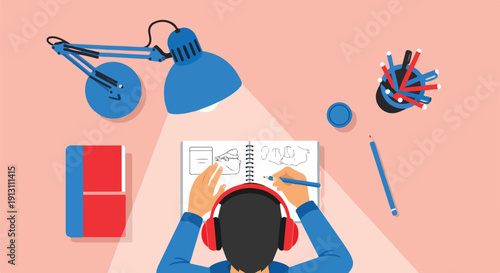 Creative person wearing headphones sketching ideas in a notebook at a clean desk with a bright lamp and art supplies, top view illustration.