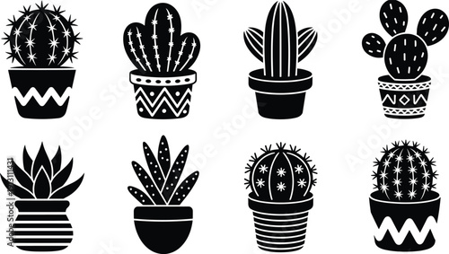 Black vector silhouette set of various cactus and succulent plants in decorative pots for desert nature gardening interior design home decor and botanical branding,
