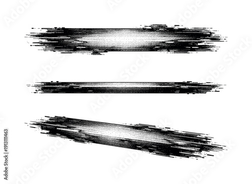 Halftone glitch element distortion bar A horizontal digital distortion bar is shown as a single object from three different views: front