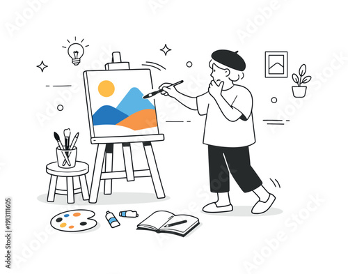 The process of creating art. A friendly scene of an artist stepping back to review work in progress, making small adjustments. Calm